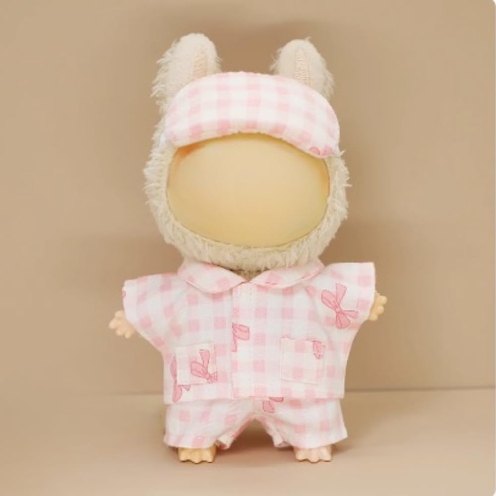 Clothes for Labubu Soft Cotton Cute Pajama Design 3-Piece Set,Plaid Top,Pants & Eye Mask,Perfect for 17cm Dolls(No Doll) (Pink)