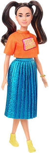 Barbie Fashionistas Doll #145 with Long Brunette Pigtails Wearing Orange T-Shirt, Shimmery Blue Skirt, Yellow Kicks & Bracelet, Toy for Kids 3 to 8