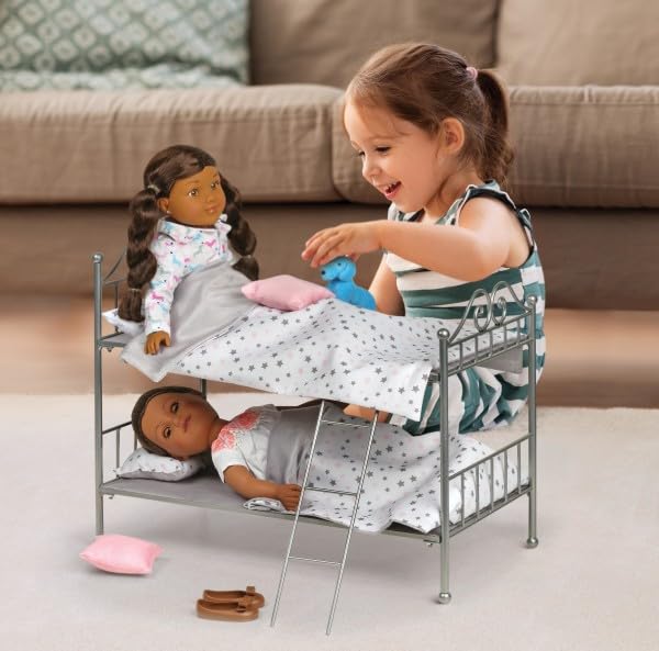 Badger Basket Metal Doll Bunk Bed - Scrollwork Frame with Ladder, Reversible Bedding and Pillows - Fits 18 Inch Girl Doll Furniture - Silver and Pink