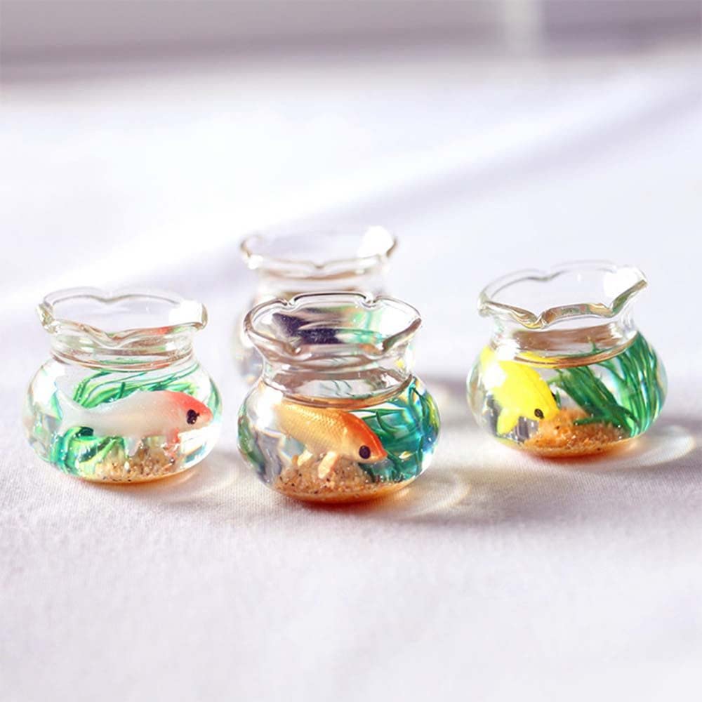 Mini Fish Tank Dollhoue Ornament, 1:12 Scale Miniature Fish Tank Scene Goldfish Bowl Model Dollhouse Accessories Garden Scene Decor(Round)