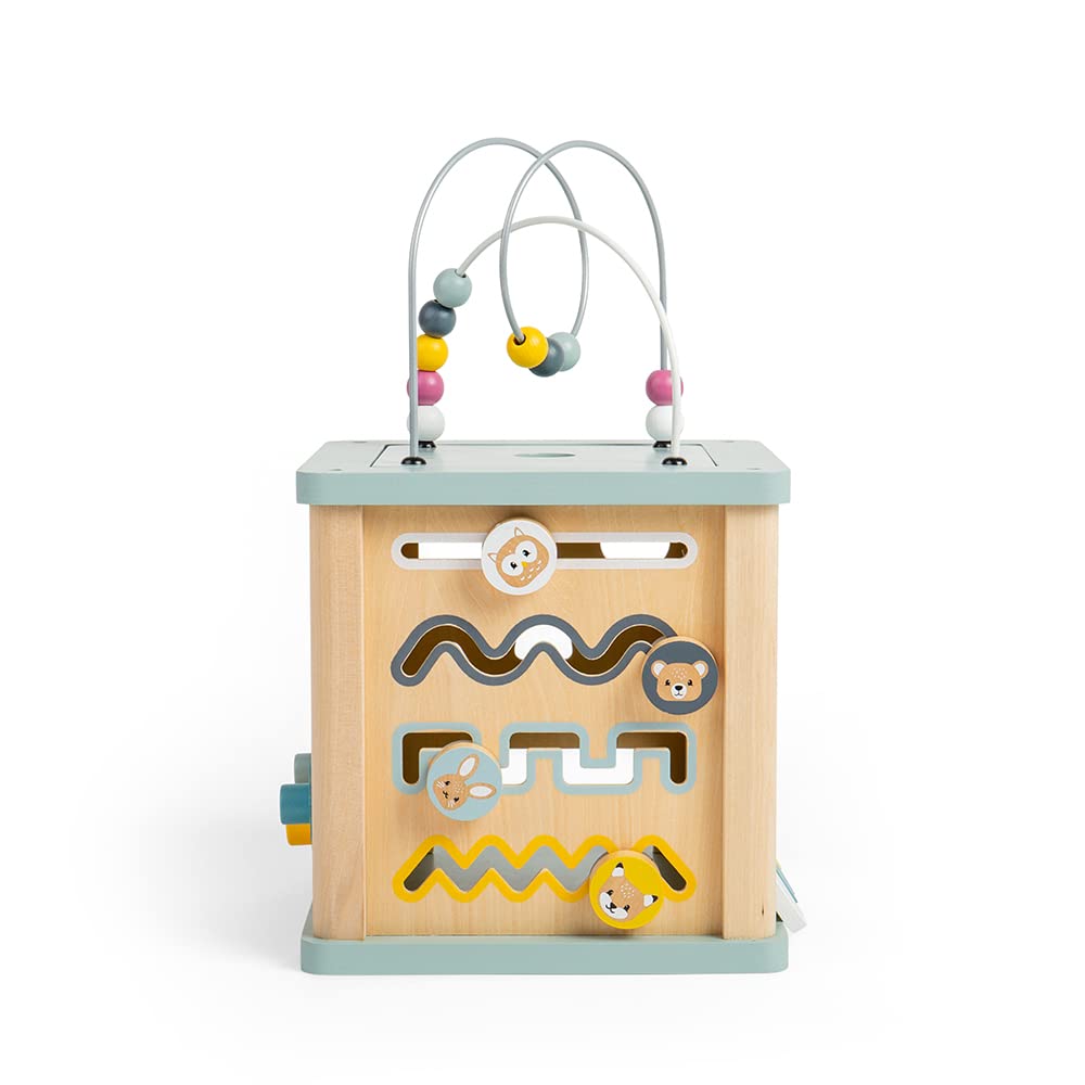 Bigjigs Toys Wooden Activity Cube - 100% FSC® Certified Busy Centre with Shape Sorter & Bead Maze, Sustainable Sensory Toys for 1 Year Old, 22cm W x