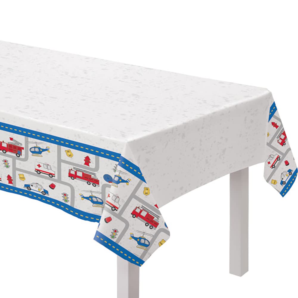 Fire Truck First Responder Plastic Table Cover - 54" x 96" (1 Piece) - Perfect for Kids Parties, Emergency Services Events, and Themed Gatherings
