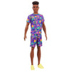 Barbie Ken Fashionistas Doll #162 with Rooted Brunette Hair Wearing Graphic Purple Top, Shorts & Yellow Shoes, Toy for Kids 3 to 8 Years Old