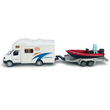 Motorhome Camper Trailer Towing Speed Boat Model Diecast Toys for Boys Pull Back RV Toy Vehicle, Beach Sandbox Outdoor Adventure, 3 4 5 6 7 Year Old