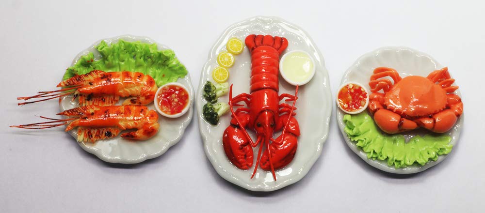 ThaiHonest 3 Assorted Dollhouse Miniature Mix Seafood with Lobster,Tiny Food Dollhouse Accessories for Collectibles