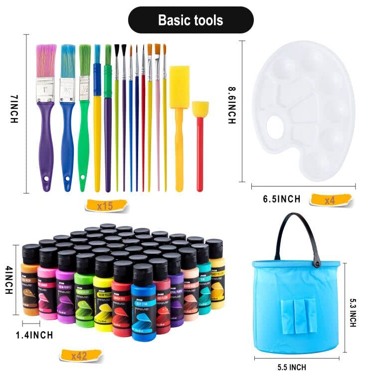 JOYIN Washable Tempera Paint Set for Kids 42PCS, Non Toxic Liquid Paint with 15 Brushes and 4 Palettes - Art Supply for Kids for Arts and Crafts