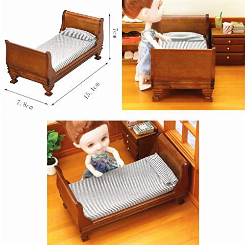 EatingBiting 1:12 Dollhouse Miniature Doll Furniture Vintage Wooden Single Bed Stripe Bedding
