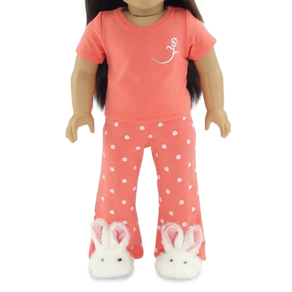 Emily Rose 18 Inch Doll Clothes Coral Polka Dot Pajamas PJs Gift Set, with Bunny Slippers! | Gift Boxed! | USA Brand | Compatible with American Girl