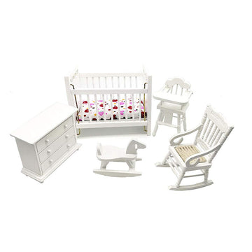 White Wooden Nursery Bedroom (5pcs) 1:12 Scale Dollhouse Furniture,Non-Toxic Paint