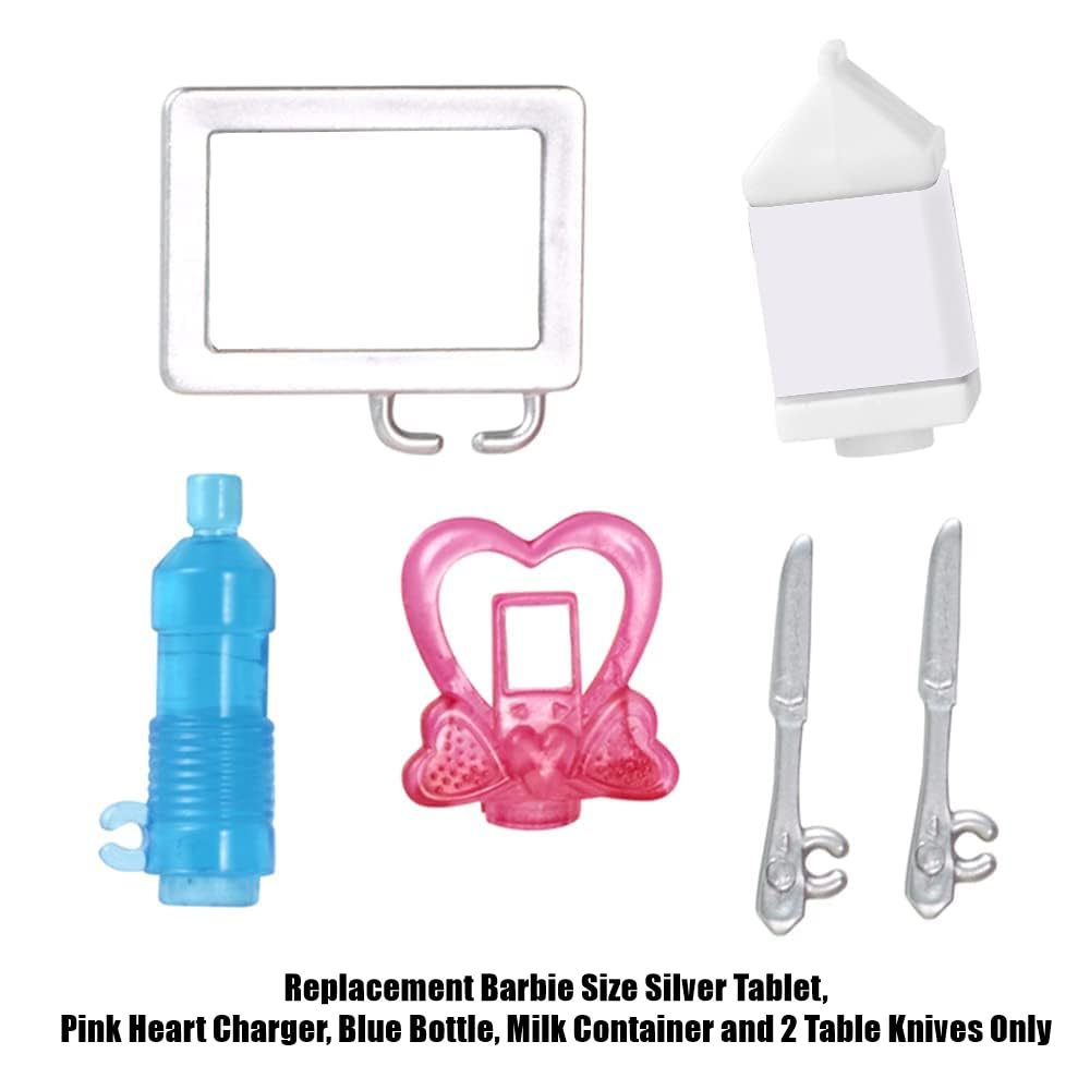 Mattel Replacement Parts for Barbie Doll Hello Dreamhouse - DPX21 ~ Replacement Barbie Size Silver Tablet, Pink Heart Charger, Blue Bottle, Milk