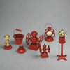 Miniature Red Metal Dollhouse Collection. Lantern, Gumball Machine, Bucket, Candlestick. Coffee Grinder. Set of 6 Shadowbox