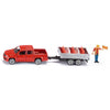 SIKU 3543, VW Amarok Pick-Up with Tipping Trailer, 1:55, Metal/Plastic, Red, Incl. Toy Figure and 5 Traffic barriers