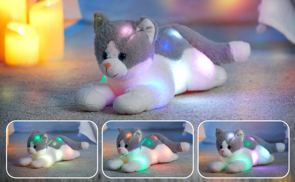Houwsbaby 15" Gray Light up Kitty Stuffed Animal Cat Floppy LED Plush Toy Kitten Night Lights Glow Pillow Birthday Festival Christmas Halloween