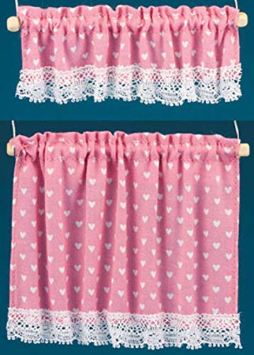Melody Jane Dollhouse Pink White Hearts Curtain & Pelmet Set on Rails Window Accessory