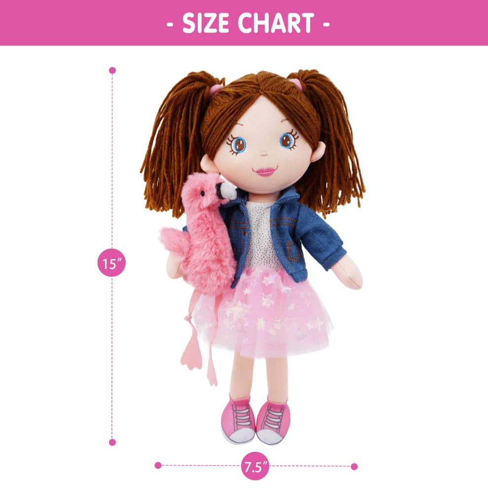 June Garden 15" Playmate Buddies - Plush Doll Mia with Her Stuffed Animal Companion Flamingo Rosie for Kids 1 Year and Up