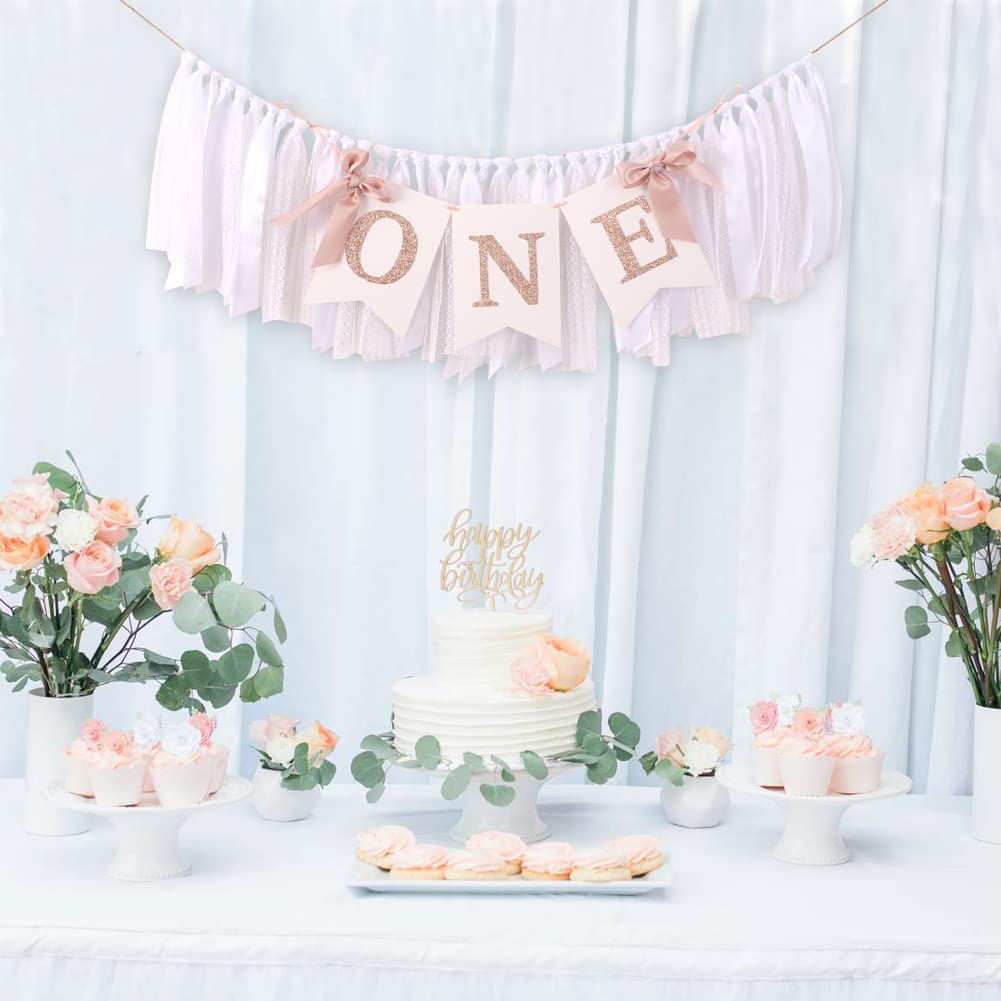 Rose Gold Blush & White 1st Birthday Banner - Highchair Banner, Party Decoration