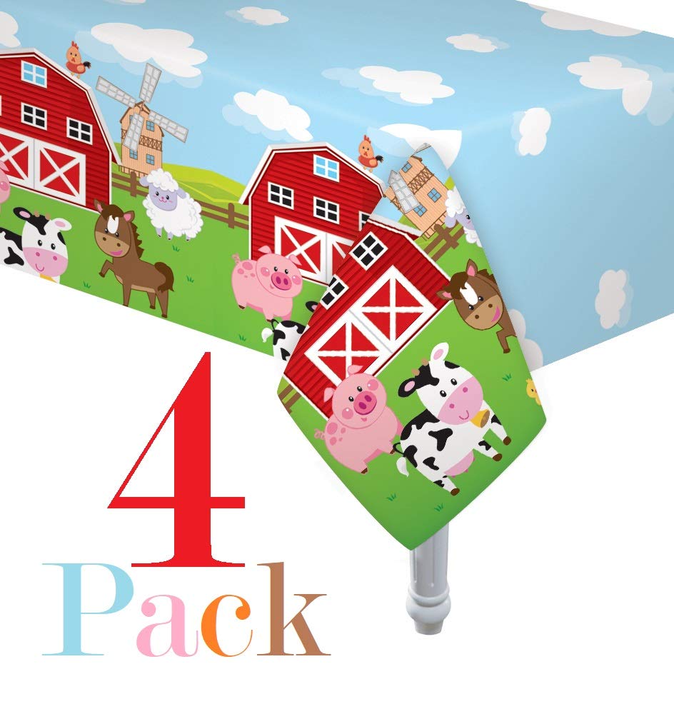 Oojami 4 Pack 54x108 inch Rectangular Plastic Table Cover, Farmhouse Fun Barnyard Animal Print Party Tablecloth for Wedding, Baby Shower, Birthday