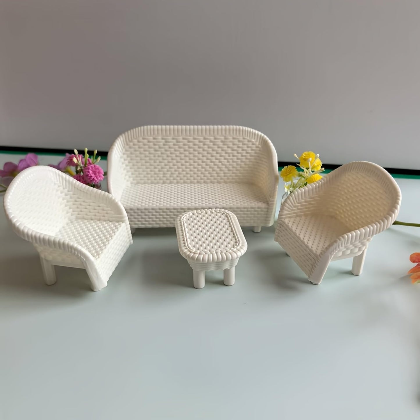 4 Pack Miniature White Wicker Tea Table and Chair Set, Dollhouse Furniture Decor for Bedroom, Handcrafted Miniature Furniture