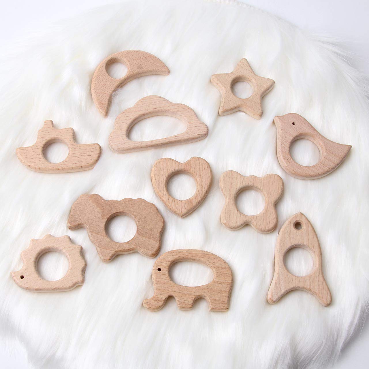 Wood Teethers for Babies DIY Necklace and Bangles Soothes Gum Pain Molar Teething Wood, Bird Elephant Sheep Moon Rocket Butterfly Star Heart Hedgehog