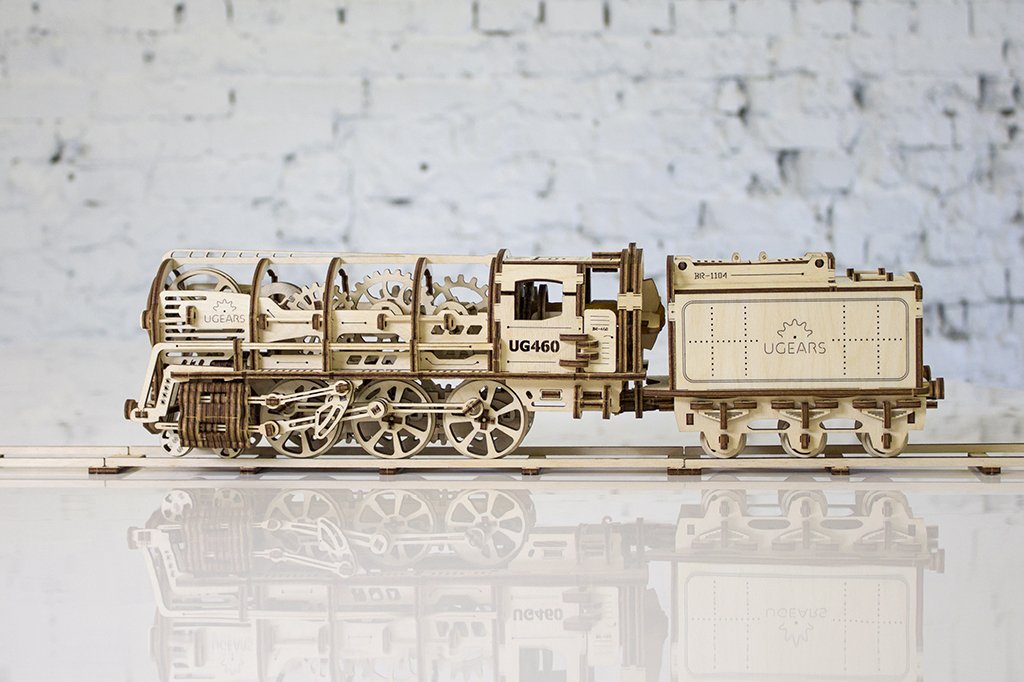 UGEARS Locomotive with Tender Mechanical 3D Puzzle, Wooden Construction Set, Business Gift, Christmas and Thanksgiving Present, Adult Craft Set