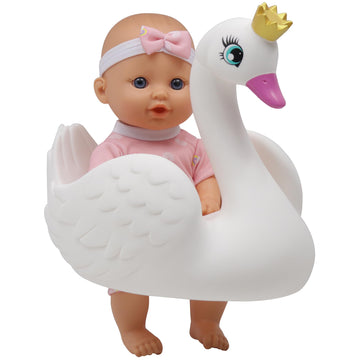 Dream Collection: 10" Bath Time Baby Doll & Swan Floatie Set - Onesie Outfit & Headband, Swaddle Blanket Towel, Hard Body, Water Play Toy Set, Kids 2+