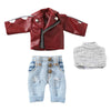 niannyyhouse 1/12 BJD OB11 Doll Clothes Leather Jacket Vest Ripped Jeans Doll Dressup (Wine Red)