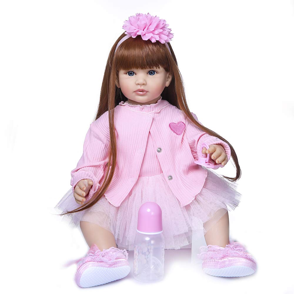 Angelbaby Doll 24 inch Adorable Reborn Toddler Girl with Long Hair That Looks Real Reborn Silicone Baby Dolls Cuddle Toys for Children Doll Sets (Pink