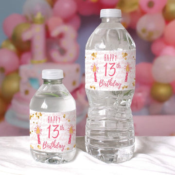 13th Birthday Water Bottle Labels - 20 Pink & Gold Waterproof Stickers for Girls Birthday Party Decorations, Supplies for Teen 13 Year Old Celebration