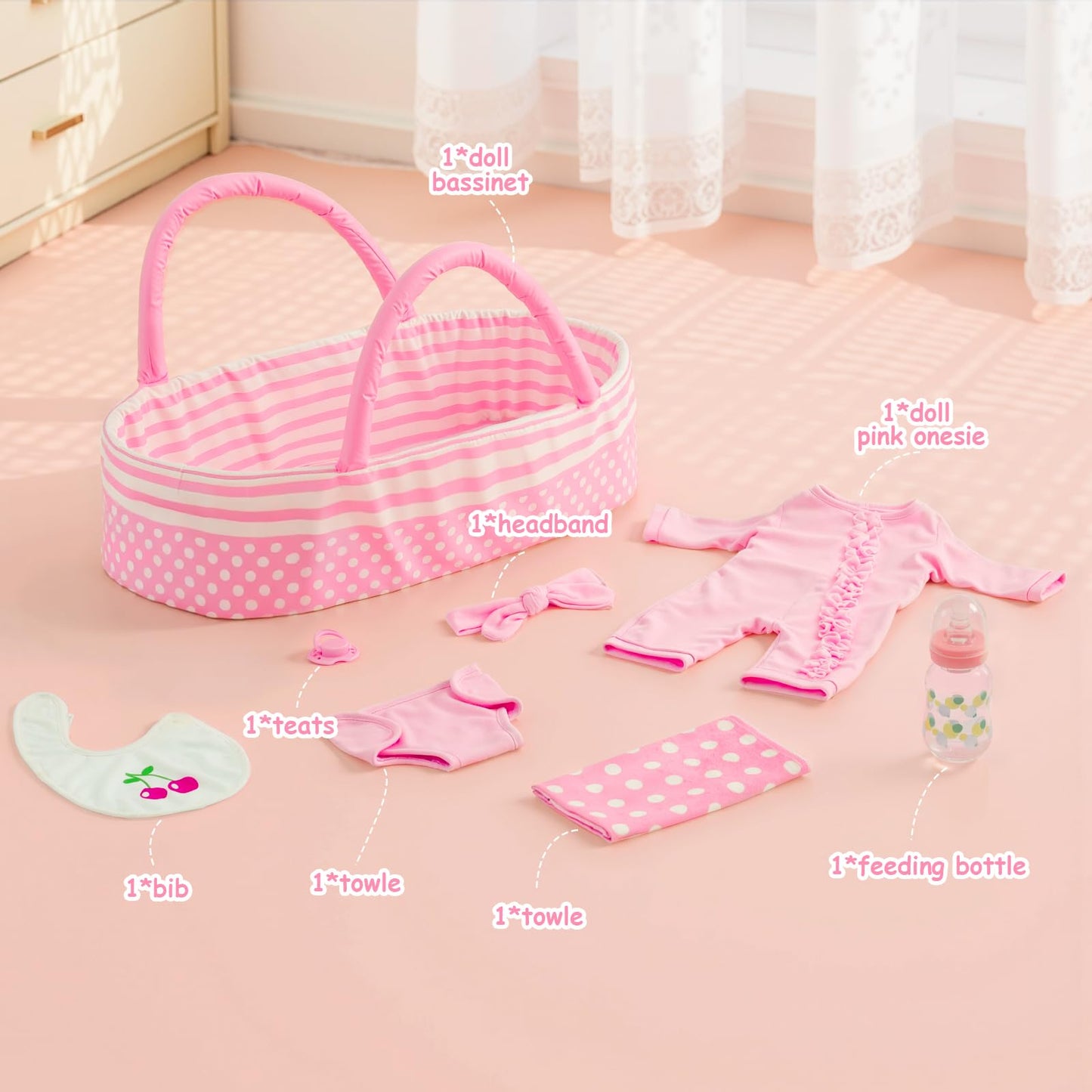 CALiugsi 8 Pcs Reborn Doll Clothes with Bassinet for 17-22 Inch Baby Dolls Outfit Accessories Set with Bunny Toy for Newborn Girl, Pink (Not Doll)