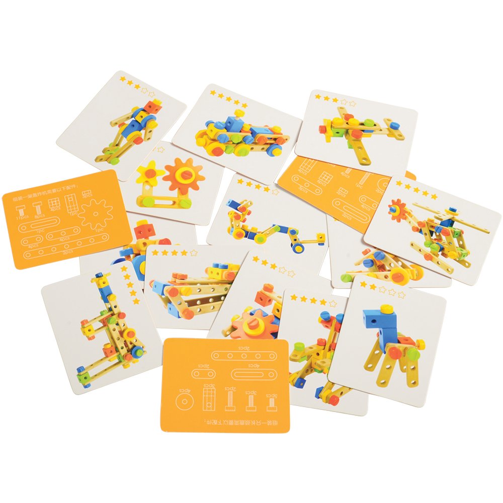 Constructive Playthings Wood Stress Nut and Bolt Builder with Activity Cards, Building Toys for Toddlers, Early STEM and Fine Motor Skills, 84-Piece
