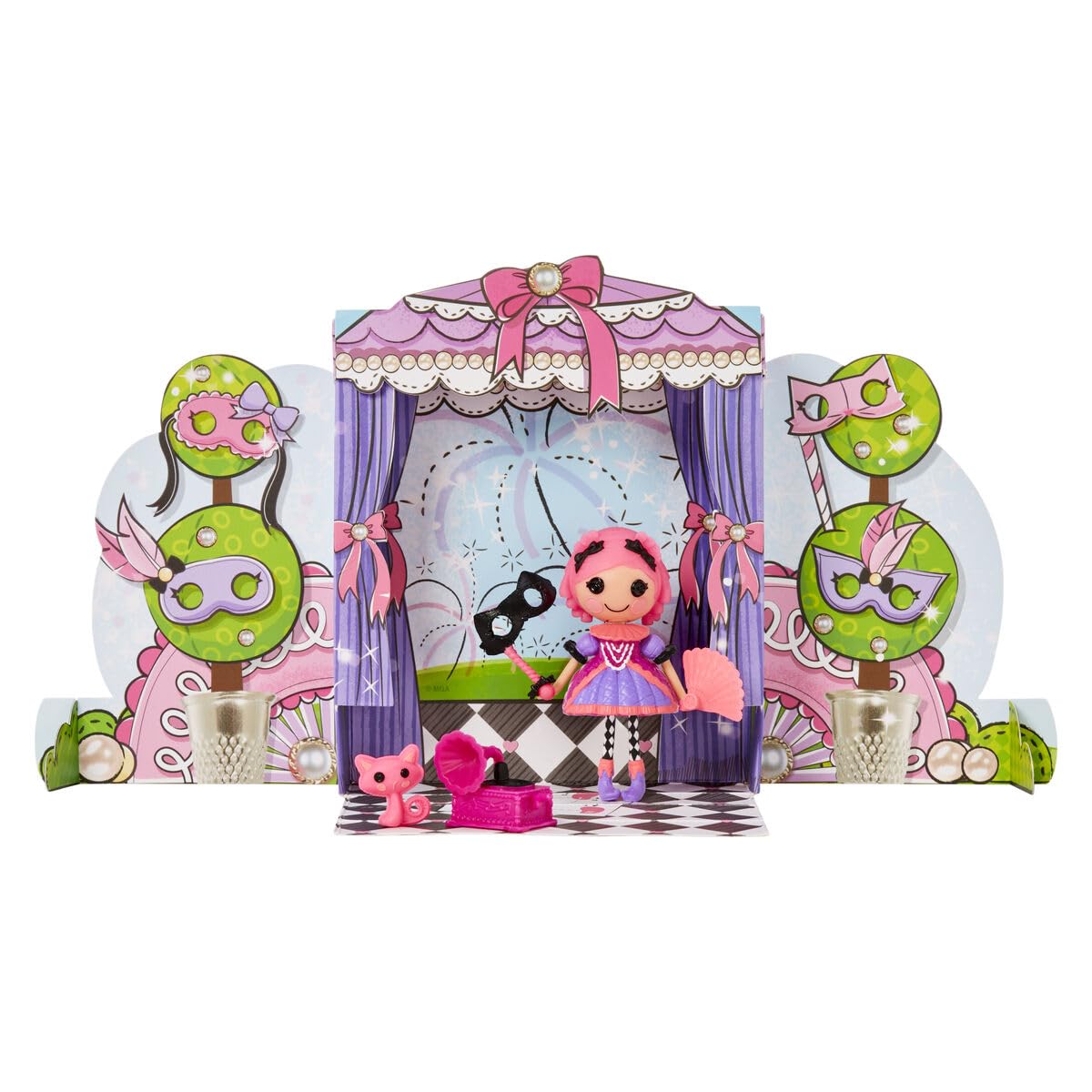 Mini Lalaloopsy Doll - Confetti Carnivale with Mini Pet Cat, 3" Masquerade Ball Party Theme Doll with Pink Hair & Accessories in Reusable Package