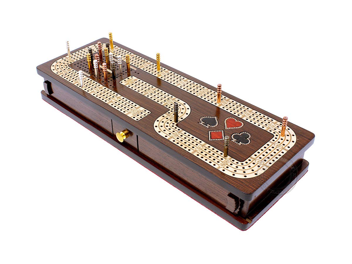 House of Cribbage - Continuous Cribbage Board/Box Inlaid in Wenge Wood/Maple : 4 Track - Cards & Pegs Storage Drawer with Score Marking Fields