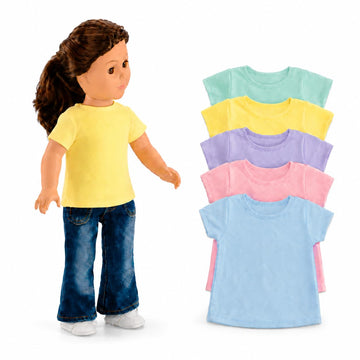 Emily Rose 18-Inch Doll Clothes 5-Pack Pastel T-Shirts - DIY Craft Kit with Pink, Blue, Green, Yellow & Purple Tees Boxed USA Brand
