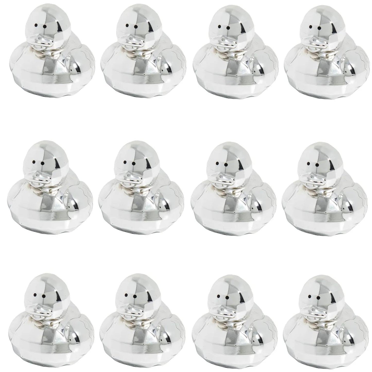Fun Express Mini Disco Ball Rubber Ducks in Bulk 12 Pack - Small Silver Metallic Glitter Ducks for Disco Party Favors & Dance Party Decorations |