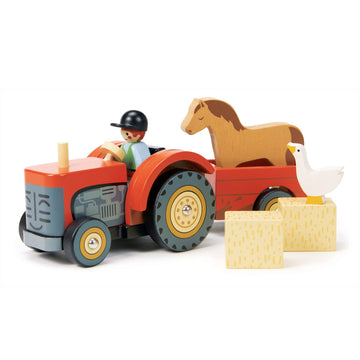 Tender Leaf Toys - Farmyard Tractor - Wooden Tractor Toy with Removeable Trailer, Animals and Accessories - Open-Ended Play Toy, Farm Pretend Play