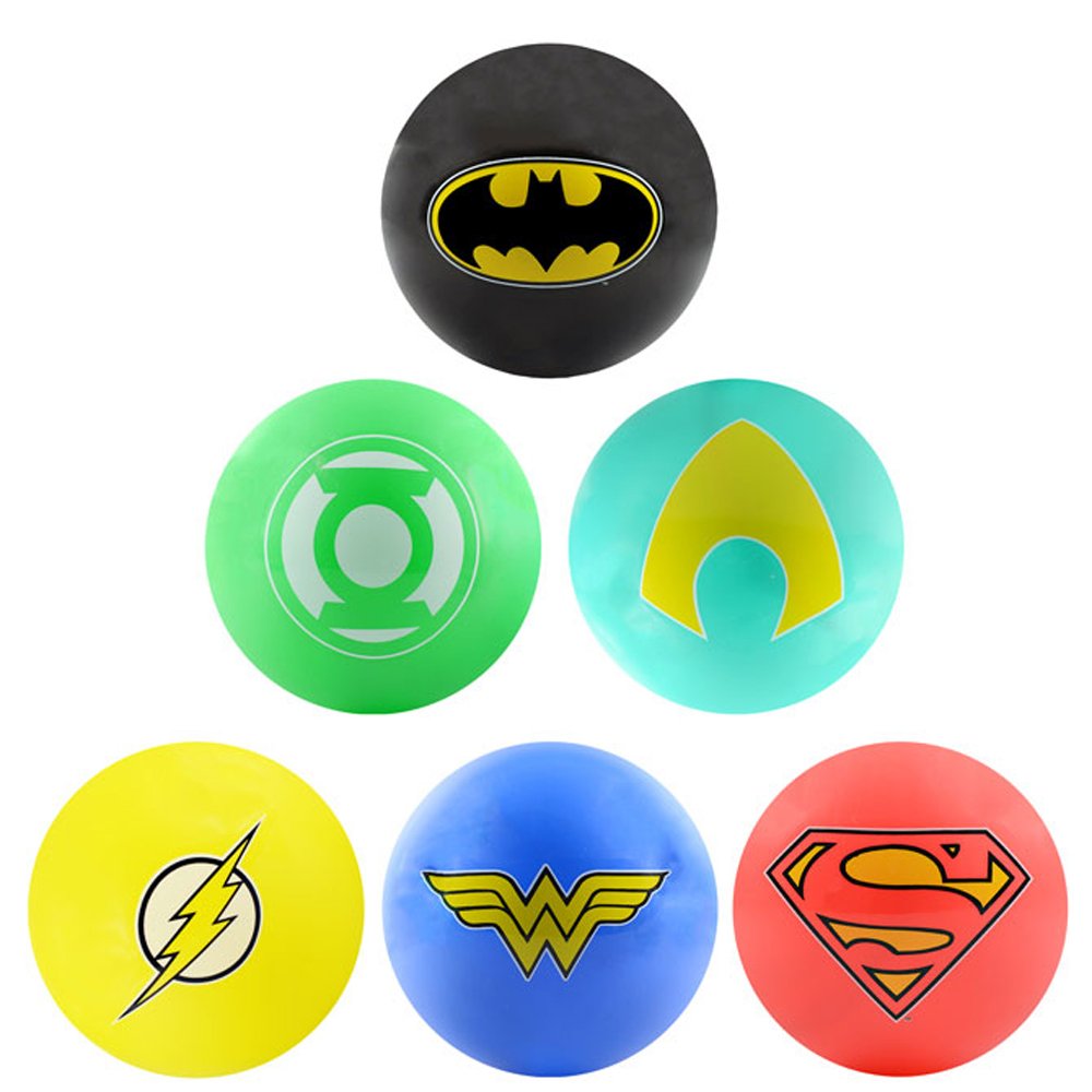 AAG DC Comic Justice League Logo Balls - 6pc Set of Bright 5 inch Vinyl Balls - Inculdes Logos for Superman, Batman, Wonder Woman, The Flash, Green