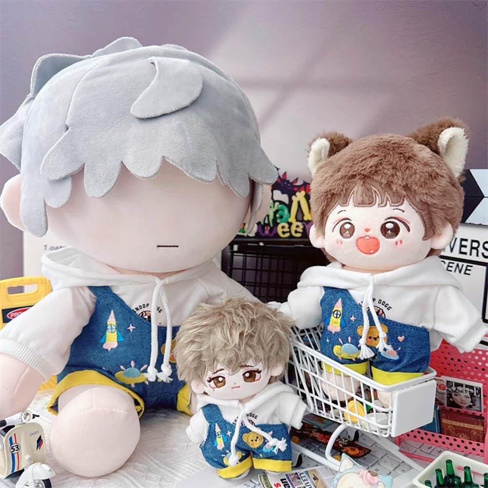 niannyyhouse White Hoodie One Shoulder Denim Strap Pants 10cm~15cm 20cm 40cm Plush Doll Outfit Dolls Dress Up Accessories (White 20cm)