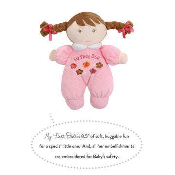 Stephan Baby Soft Plush My First Doll with Fair Complexion and Brown Hair, Pastel Pink