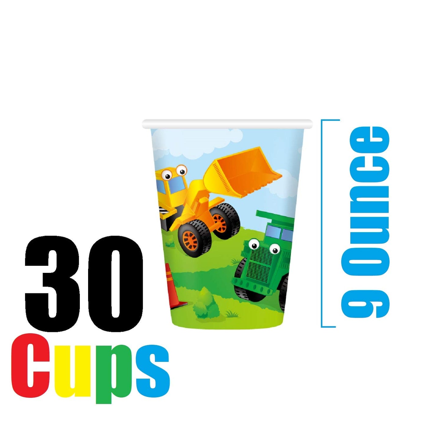 Serves 30 Complete Party Pack Kids Construction Birthday Party Supplies 9" Dinner Paper Plates 7" Dessert Paper Plates 9 oz Cups 3 Ply Napkins