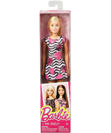 Barbie Pink-Tastic Doll, Rose Art On Black & White Stripes Dress