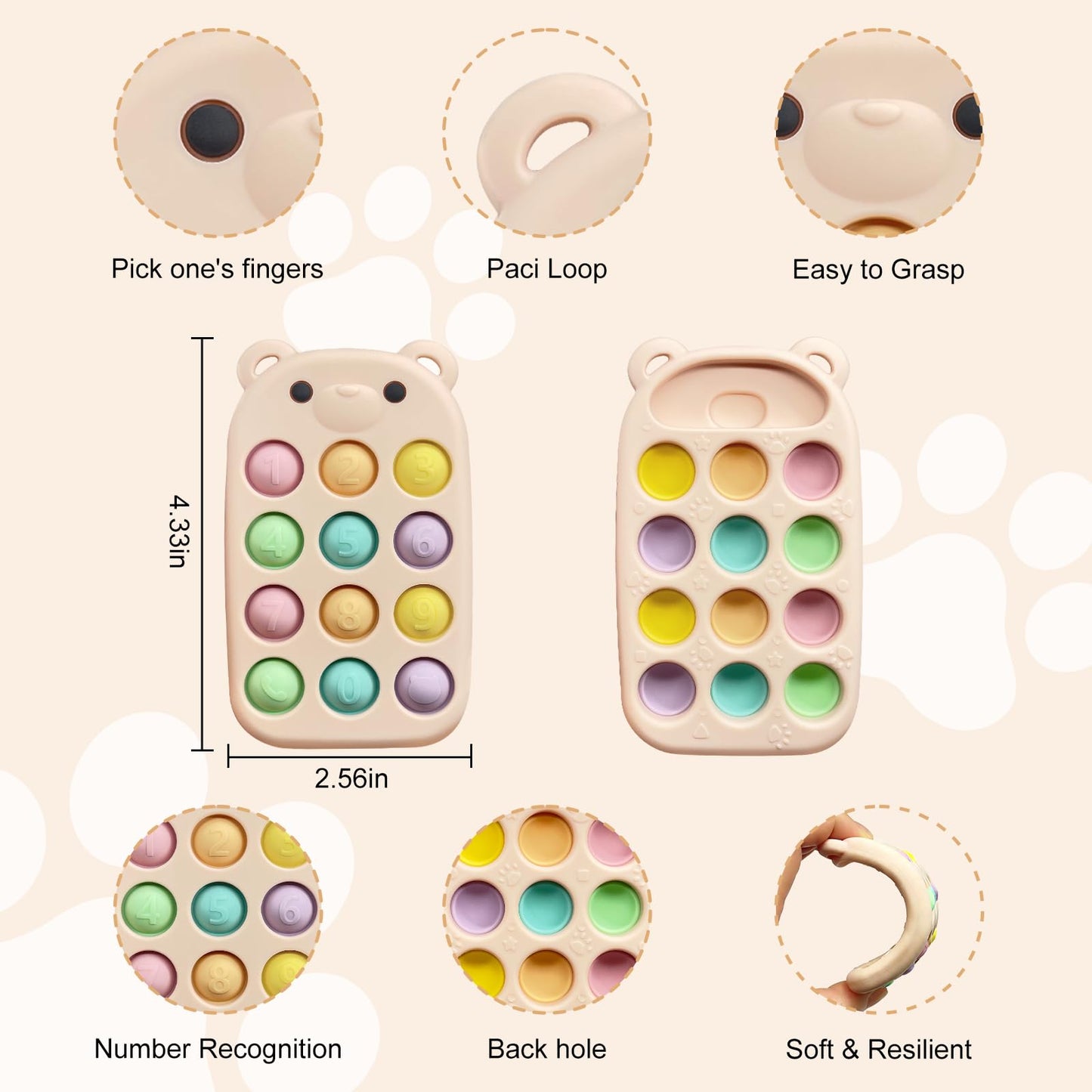 visewi baby phone teething toys, food grade silicone teether toy for baby 3-18 months, chew toys with number pop bubbles, Fidget Toy for Kids, Pop It