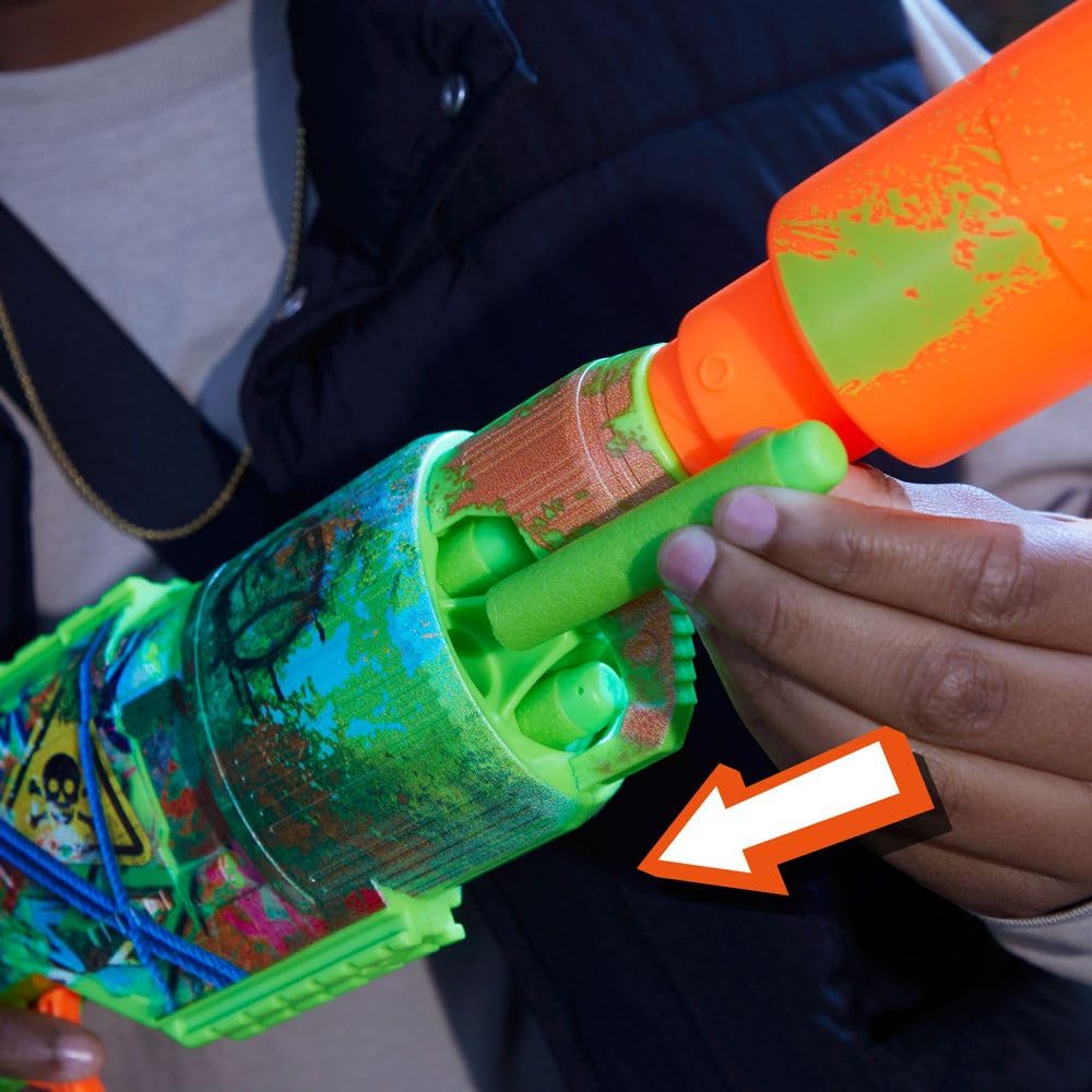 Nerf Zombie Driller Dart Blaster, 16 Nerf Elite Darts, Rotating 5 Dart Cylinder, Removable Scope, Outdoor Games, Ages 8+