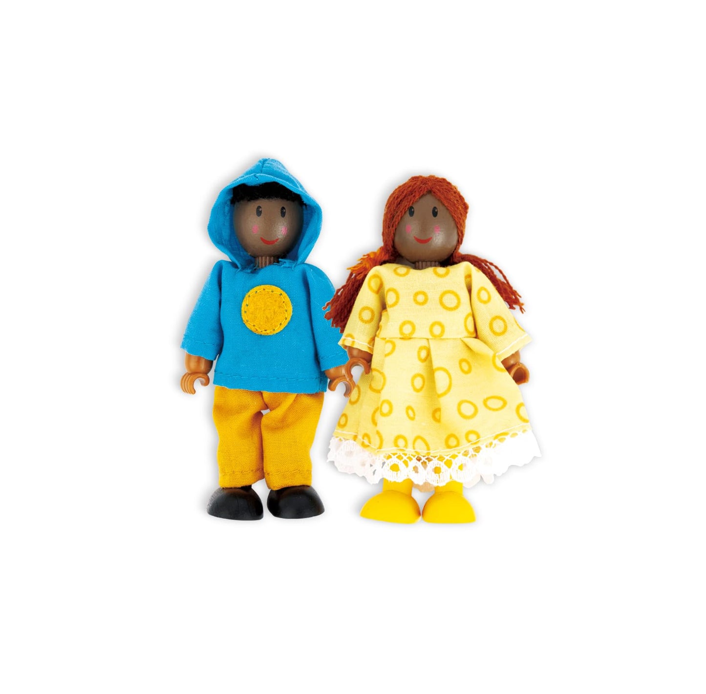 Hape African American Wooden Doll House Family| Dollhouse People Set of 6 Action Figure Set| Wire Adults: 4.3" H; Kids: 3.5" H