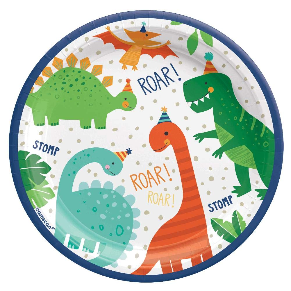 Dino-Mite Round Plates, 7" (8 Pcs.) - Multicolored Party Tableware for Kids Birthdays & Dinosaur-Themed Celebrations