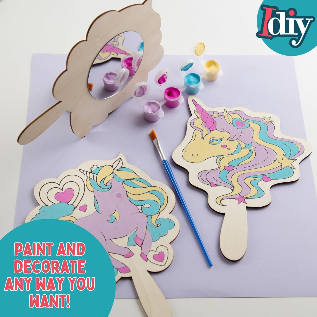 Idiy Paint Your Own Unicorn Mirror Craft Kit for Kids (12 Pack) - 12 Individually Wrapped Wooden Mirrors with Paint Set & Brush for Summer Camp