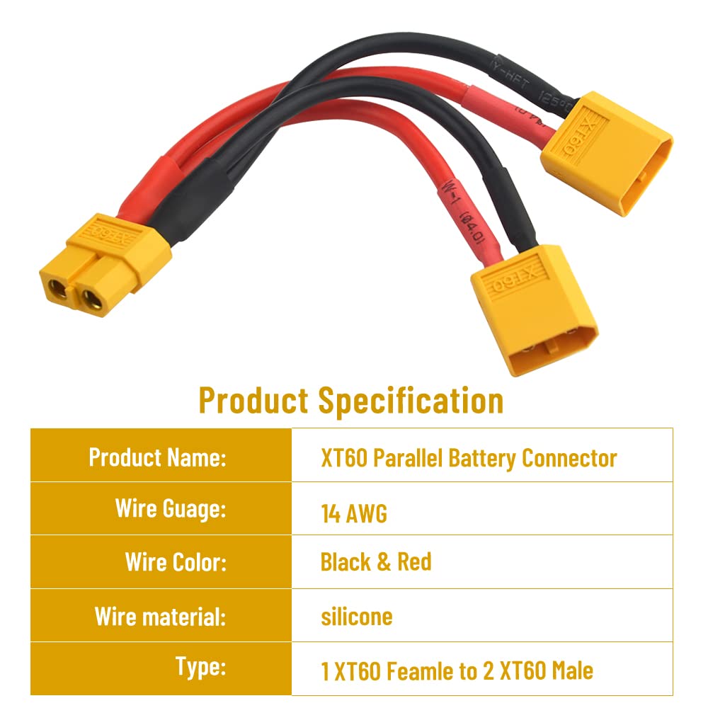 WMYCONGCONG 2 PCS XT60 Parallel Battery Connector Cable Dual Extension Y Splitter 1 Female to 2 Male for DJI Phantom RC Plane