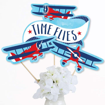 Big Dot of Happiness Taking Flight - Airplane - Vintage Plane Baby Shower, Birthday Party Centerpiece Sticks - Table Toppers - Set of 15