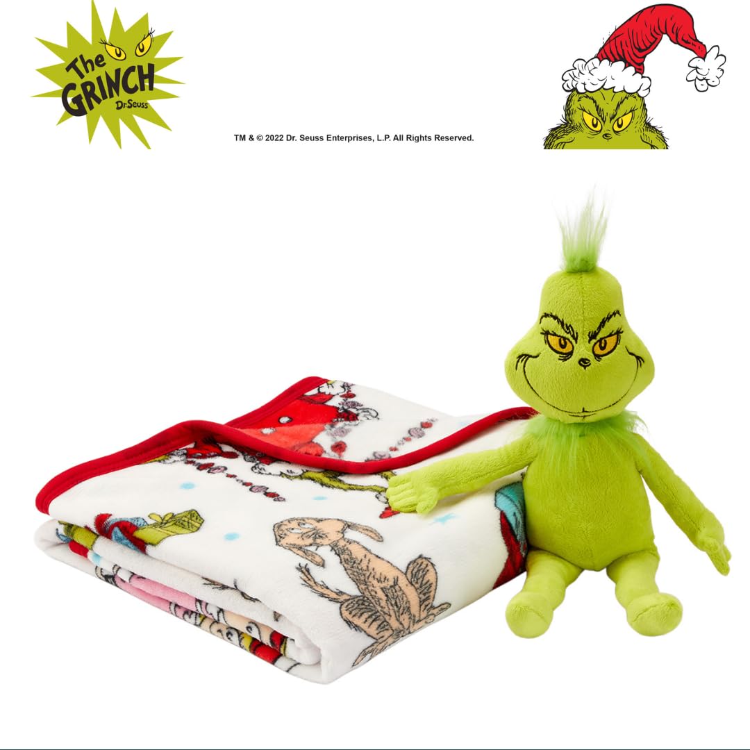 Dr. Seuss The Grinch Holiday & Christmas Kids Bedding Super Soft Plush Pillow and Throw 2 Piece Set, 40 in x 50 in (Officially Licensed Product) By