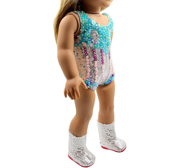 Luxurious Hand-Beaded Sequin Outfit with Silver Boots for 18 Inches American Doll (Large for 18" American Doll)