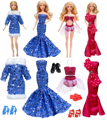 8 Pcs Doll Dress & Shoe Bundle - 4 Sparkly Party Dresses + 4 Shoe Pairs | 11.5" Fashion Doll Gift Set (Blue-Red)